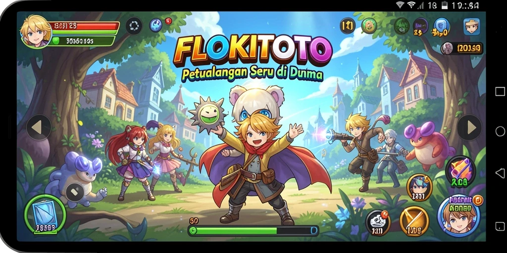 Tampilan gameplay FLOKITOTO dengan karakter anime yang menawan.