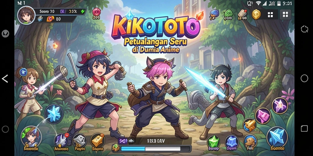 Screenshot gameplay KIKOTOTO menampilkan karakter Anime yang action-packed.