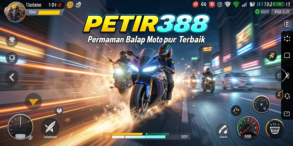 Tampilan gameplay menegangkan dengan motor balap cepat.